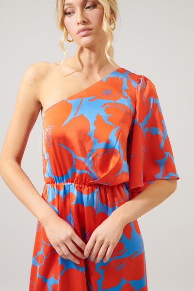Chelsey One Shoulder Satin Dress (Red Poppy or Colbalt Multi)